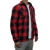 Red and navy plaid work shirt with button front and flap chest pockets, shown at an angle.