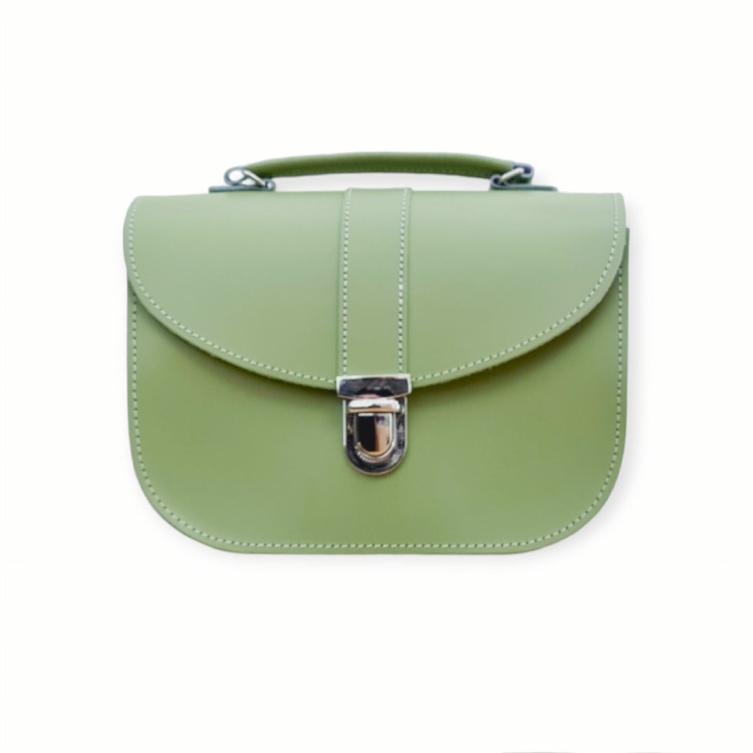 Sage green leather crossbody bag with flap and silver buckle clasp