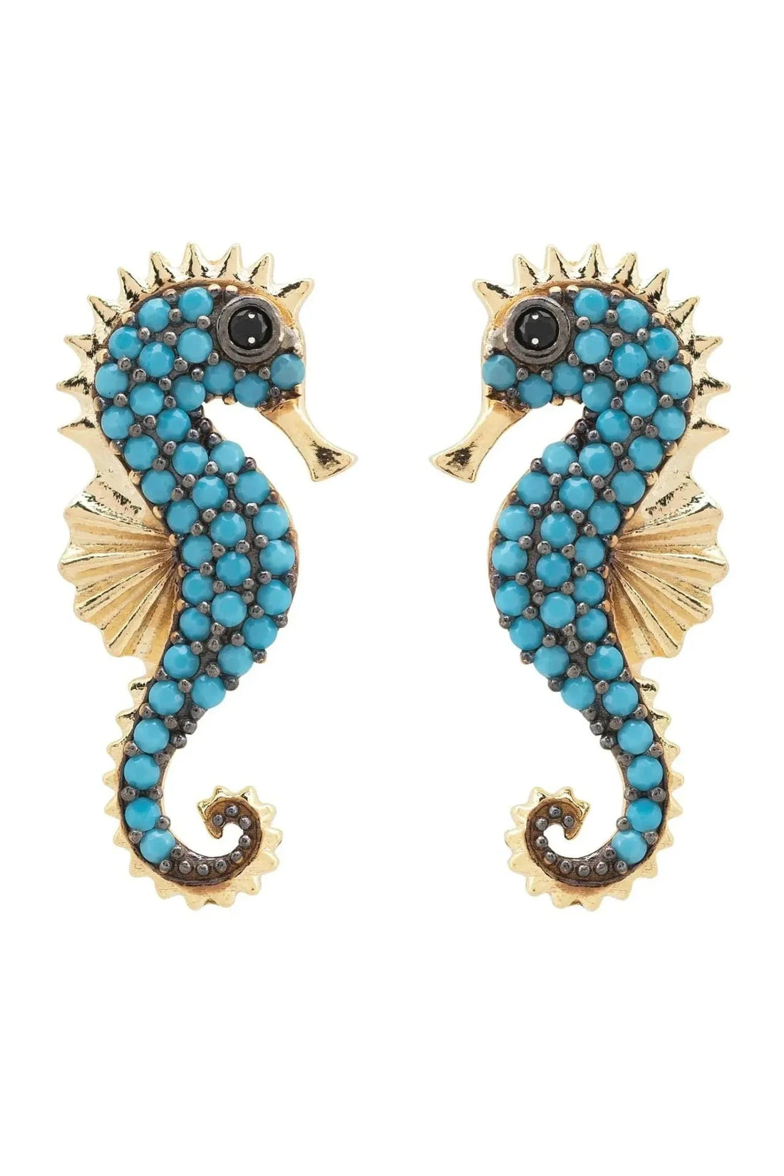 Gold-tone seahorse earrings with turquoise bead clusters and black eye detail