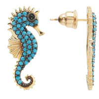Gold-tone seahorse earrings with turquoise bead trim and secure back post