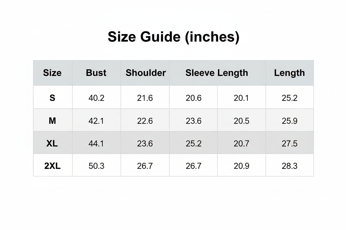 Size guide table in inches showing bust, shoulder, sleeve length, and garment length