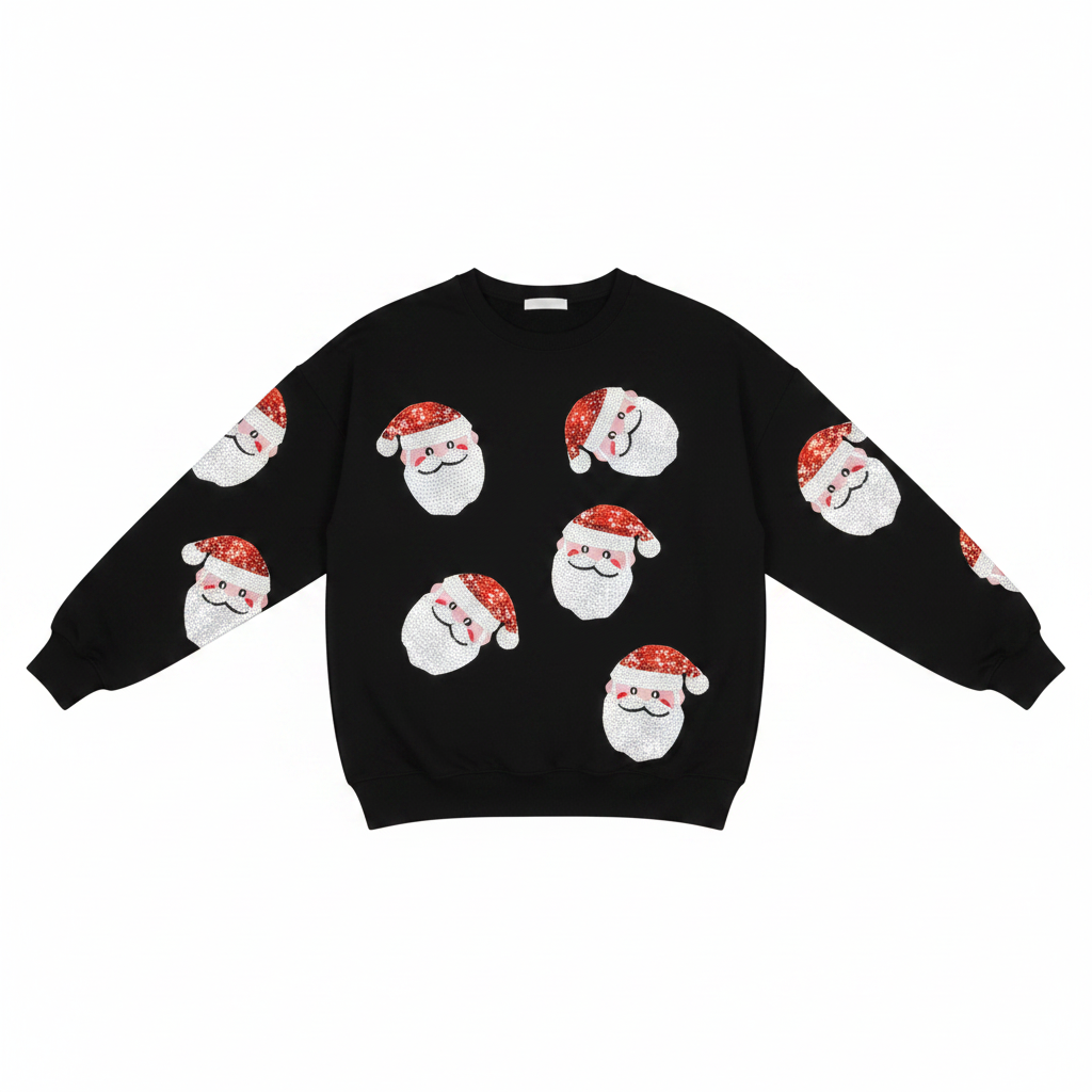 Black crewneck sweatshirt with sequin Santa patch faces