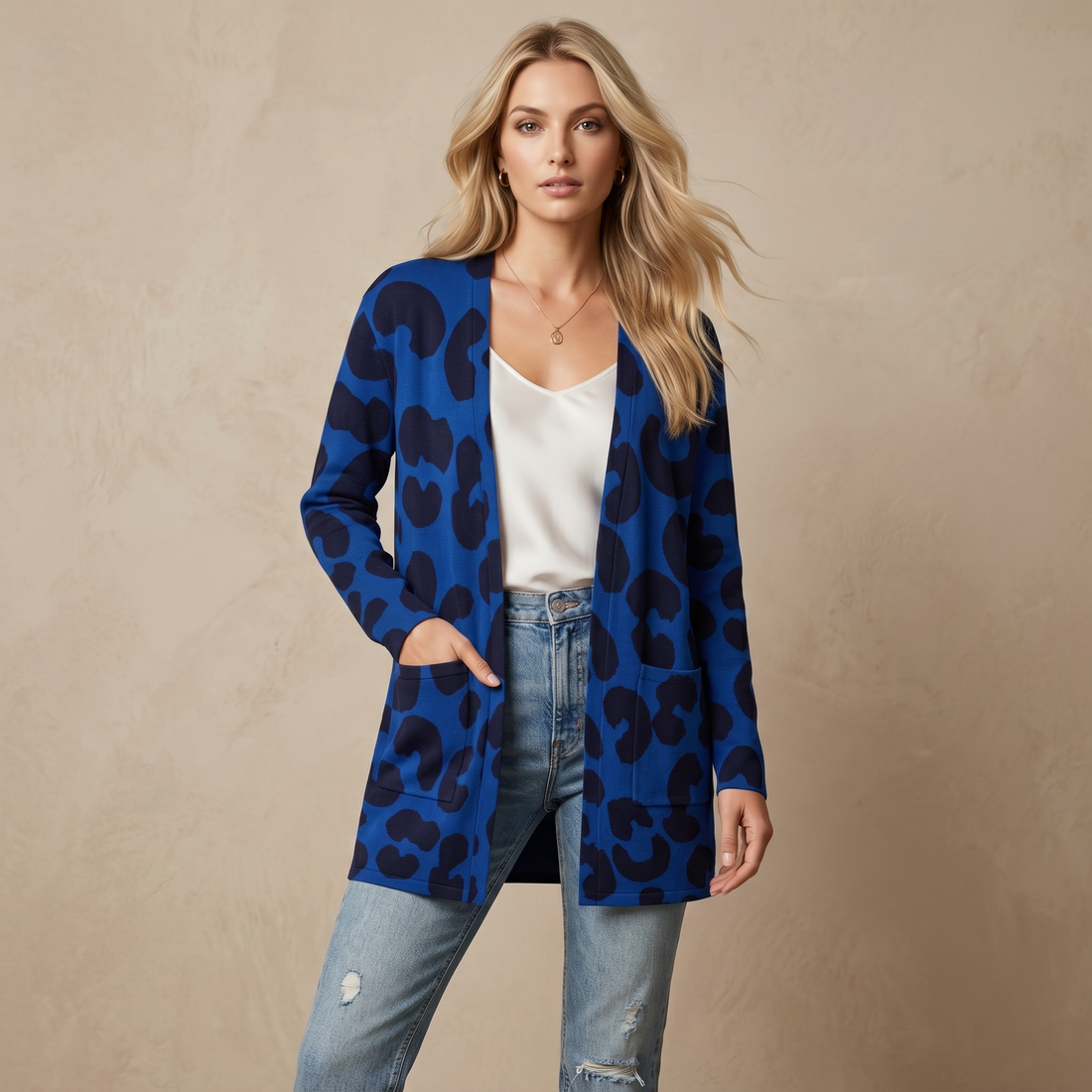 Blue Leopard Print Open-Front Cardigan with Pockets