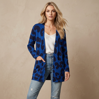 Blue Leopard Print Open-Front Cardigan with Pockets