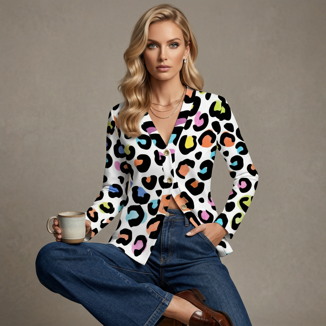 Leopard Print Cardigan Womens White Multi Color Lightweight V Neck Sweater