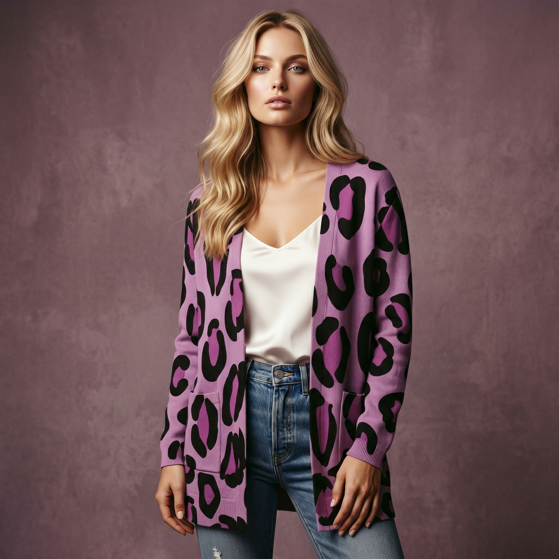 Purple Leopard Print Open-Front Cardigan with Pockets