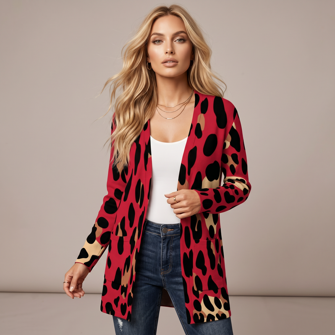 Red Leopard Print Open-Front Cardigan with Pockets