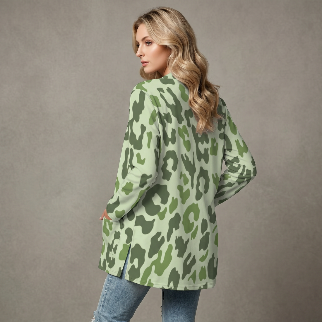 Green Leopard Print Open-Front Cardigan with Pockets
