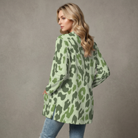 Green Leopard Print Open-Front Cardigan with Pockets