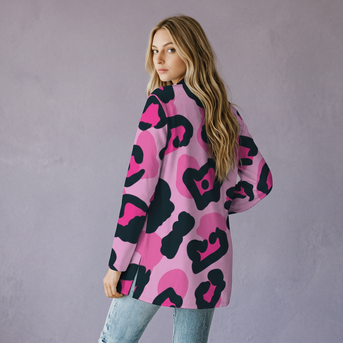 Pink Leopard Print Open-Front Cardigan with Pockets