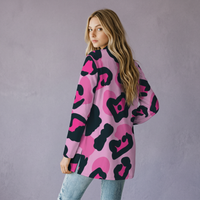 Pink Leopard Print Open-Front Cardigan with Pockets