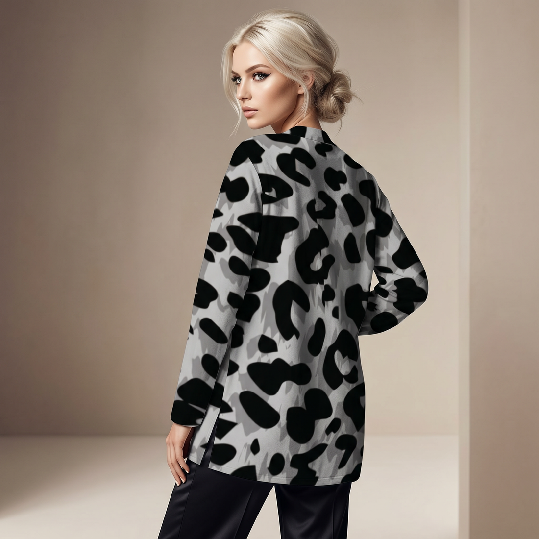 Grey Leopard Print Open-Front Cardigan with Pockets