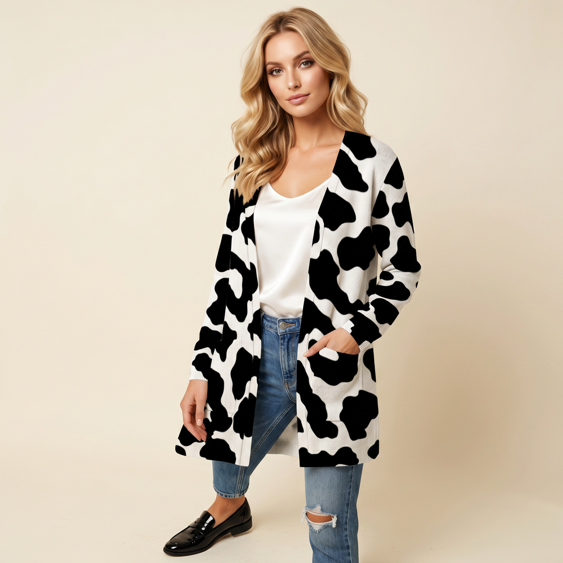 Black Leopard Print Open-Front Cardigan with Pockets