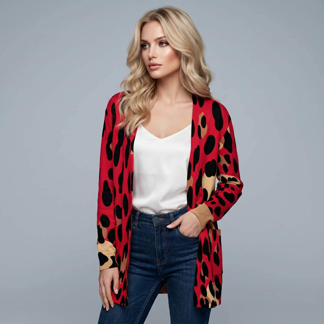 Red Leopard Print Open-Front Cardigan with Pockets