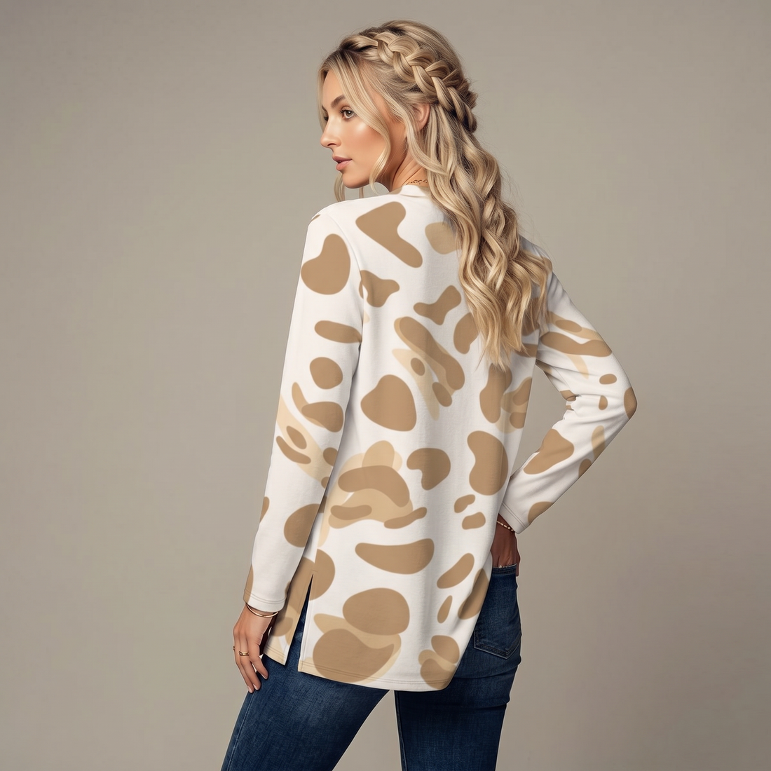 Cream Leopard Print Open-Front Cardigan with Pockets