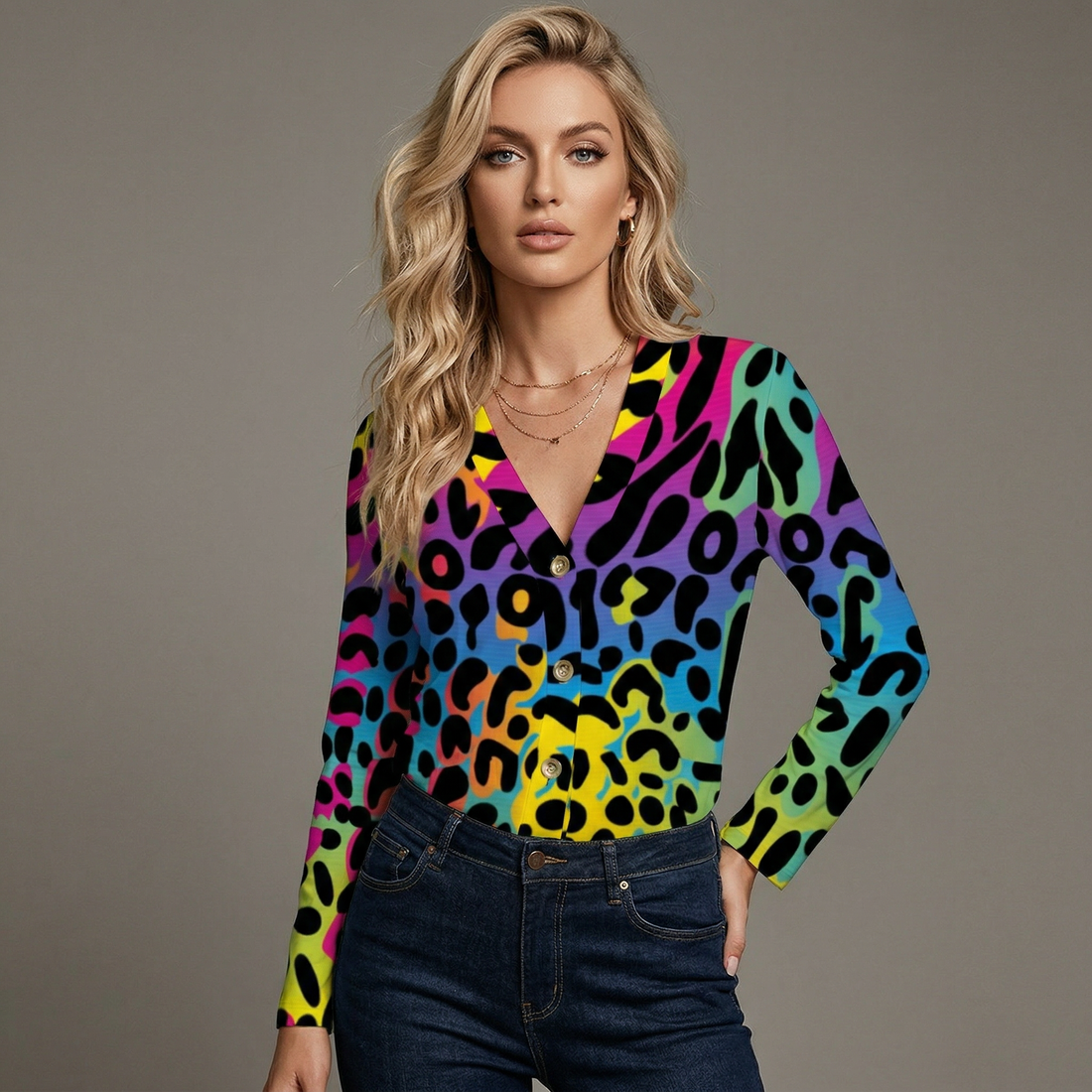 Leopard Print Cardigan Womens Neon Lightweight V Neck Sweater