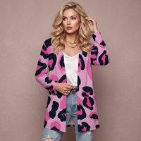Pink Leopard Print Open-Front Cardigan with Pockets