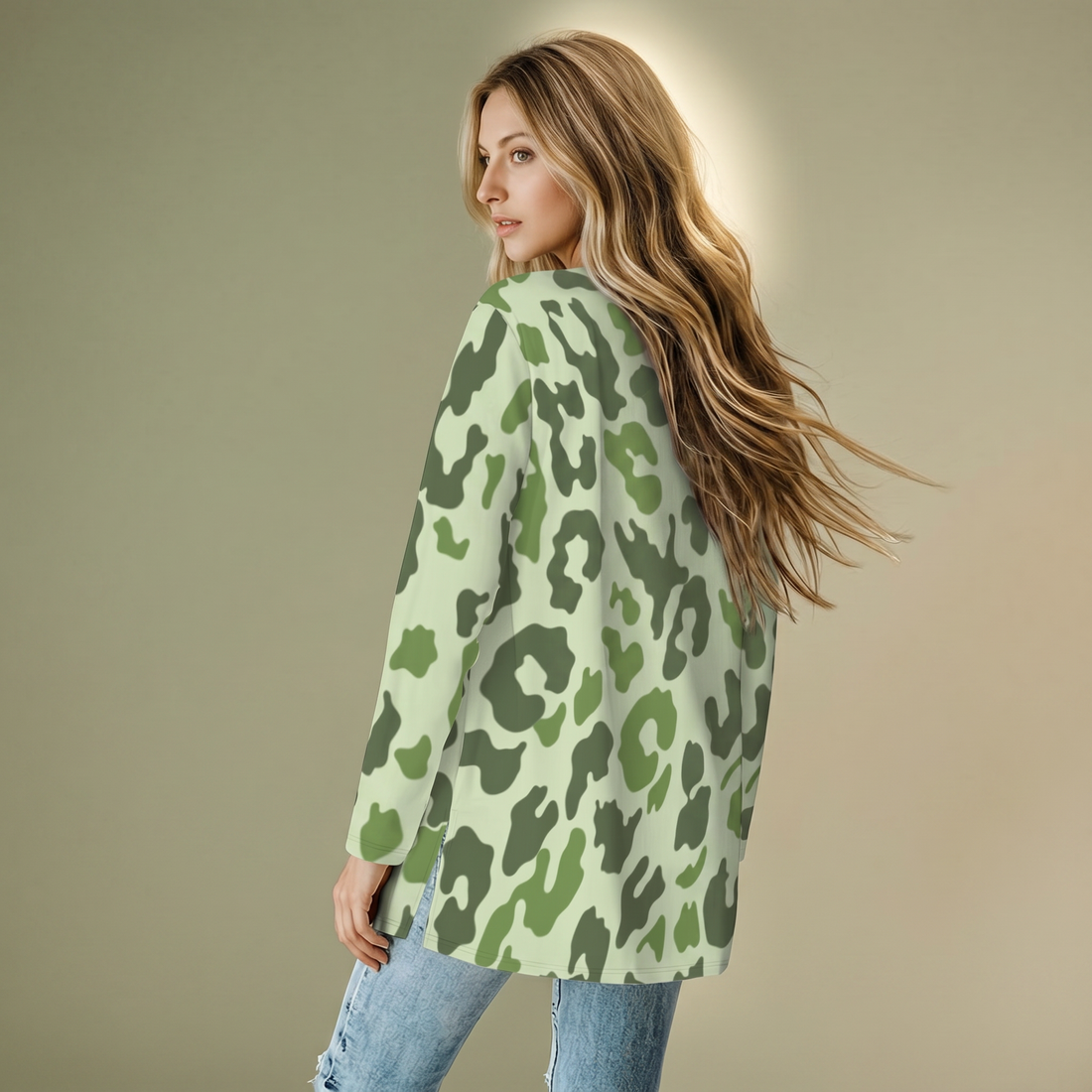 Green Leopard Print Open-Front Cardigan with Pockets