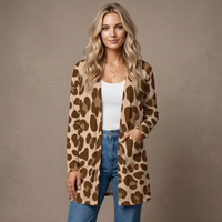 Brown Leopard Print Open-Front Cardigan with Pockets
