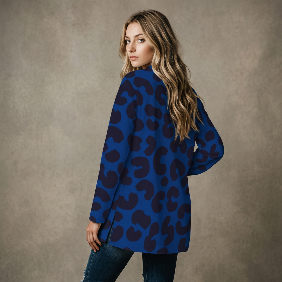 Blue Leopard Print Open-Front Cardigan with Pockets
