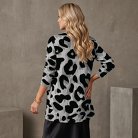 Grey Leopard Print Open-Front Cardigan with Pockets