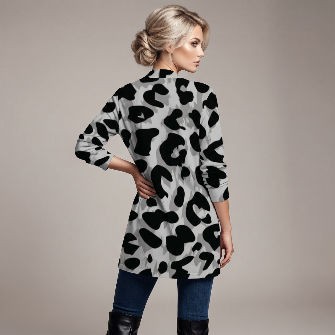 Grey Leopard Print Open-Front Cardigan with Pockets