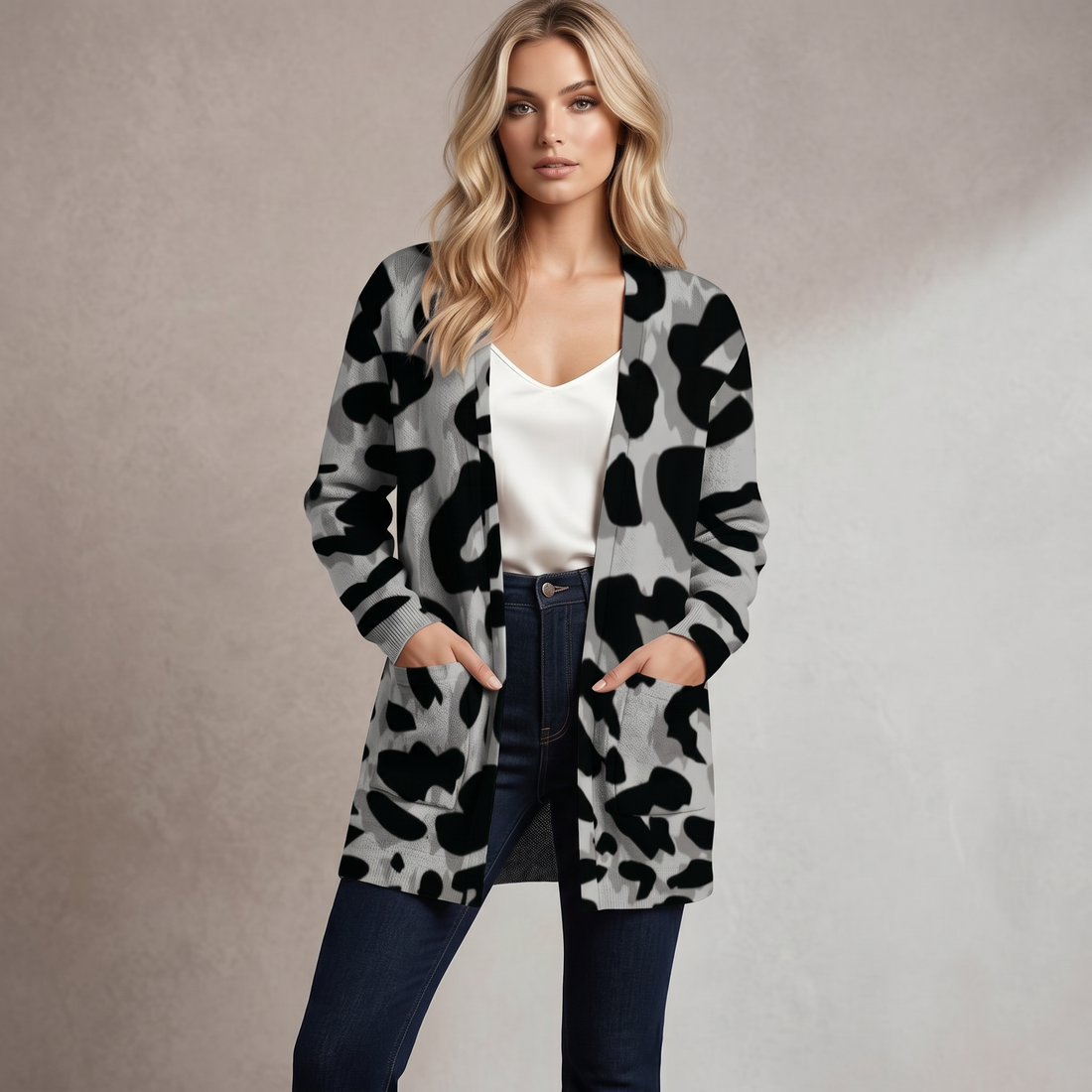 Grey Leopard Print Open-Front Cardigan with Pockets