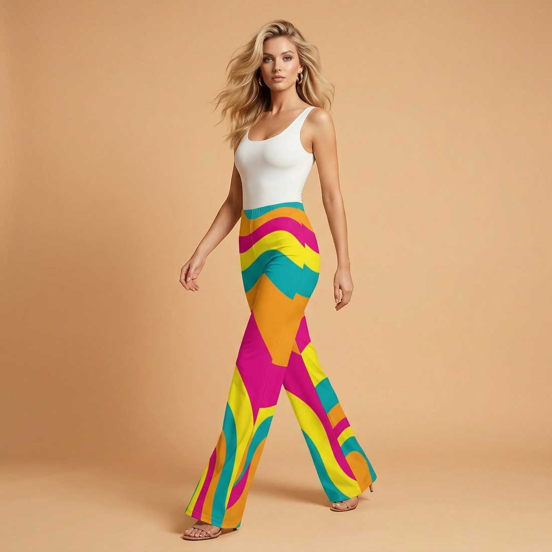 Womens Funky Print Flared Pants High Waist Bold Pattern Trousers