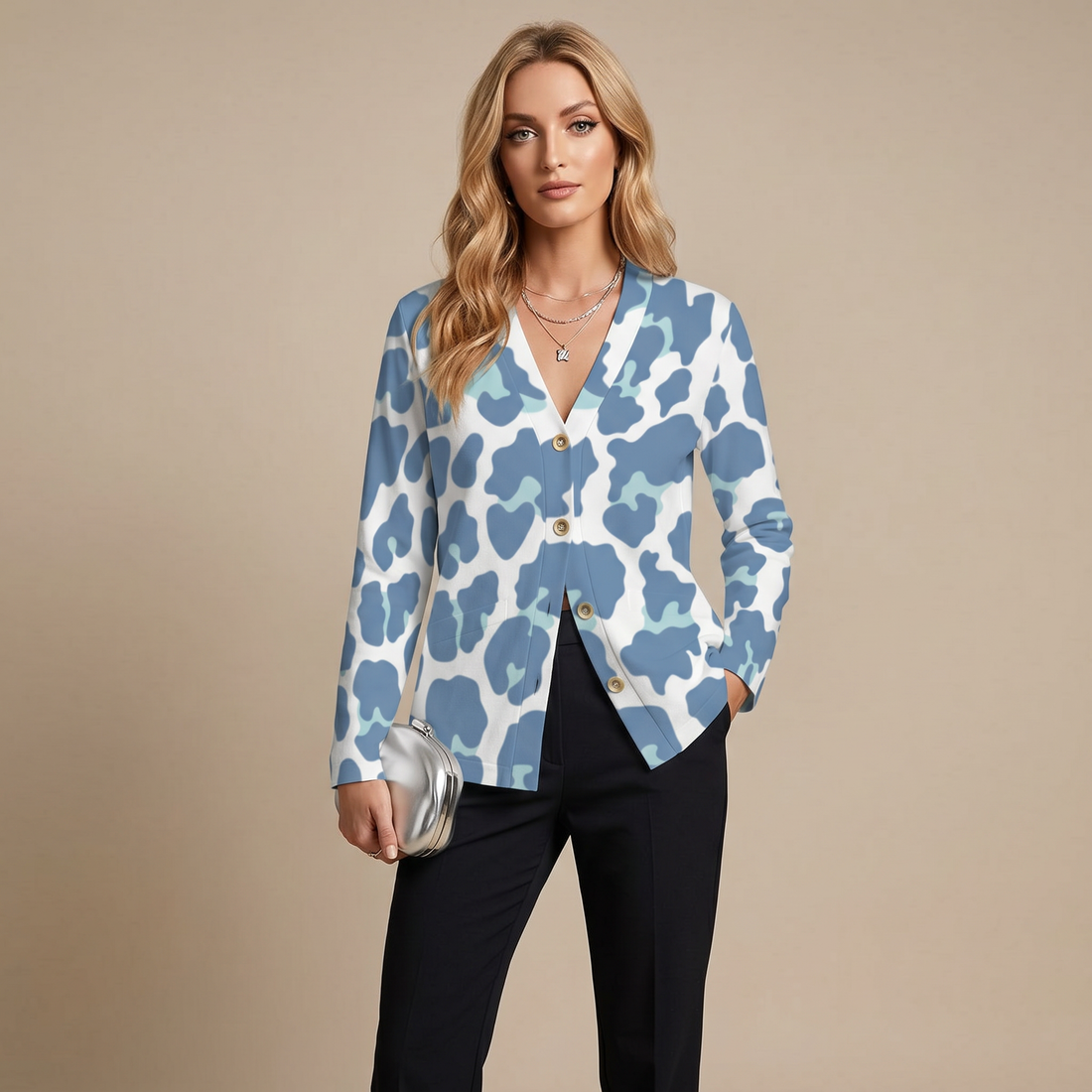 Pastel Blue Leopard Print Buttoned Cardigan