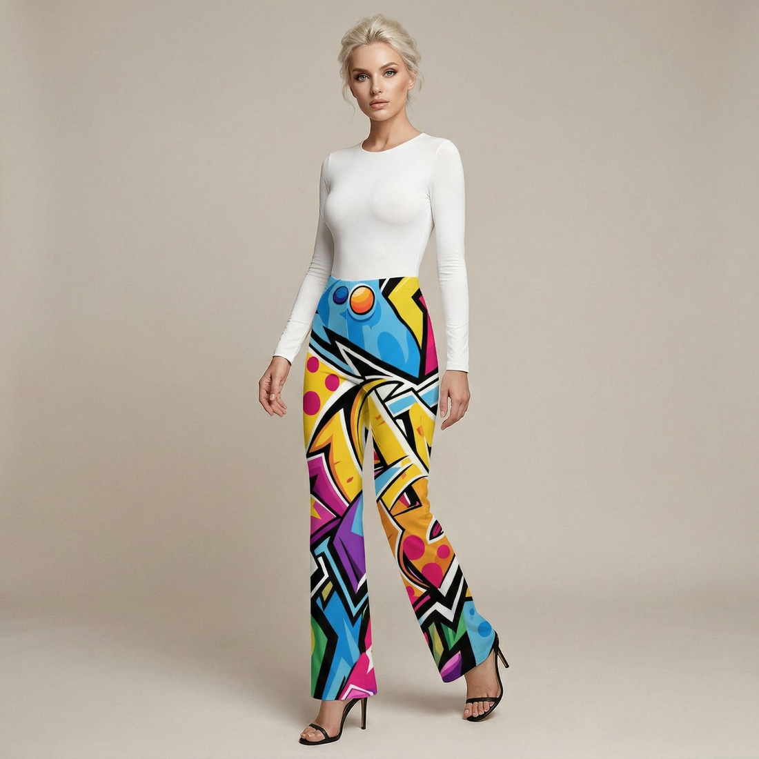 Graffiti Print High Waist Flared Pants Artistic Urban Style Trousers