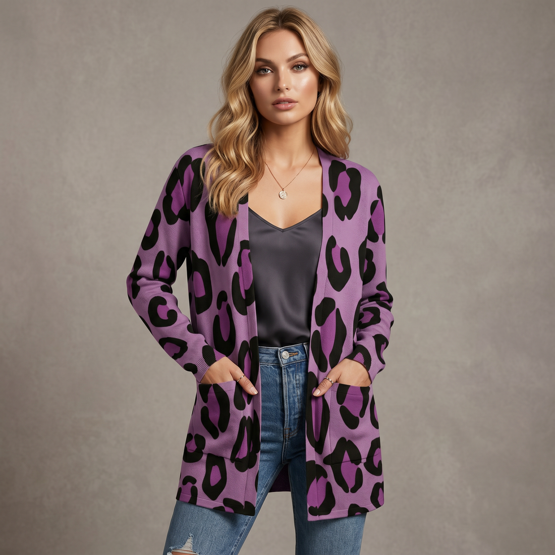 Purple Leopard Print Open-Front Cardigan with Pockets