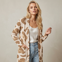 Cream Leopard Print Open-Front Cardigan with Pockets
