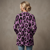 Purple Leopard Print Open-Front Cardigan with Pockets