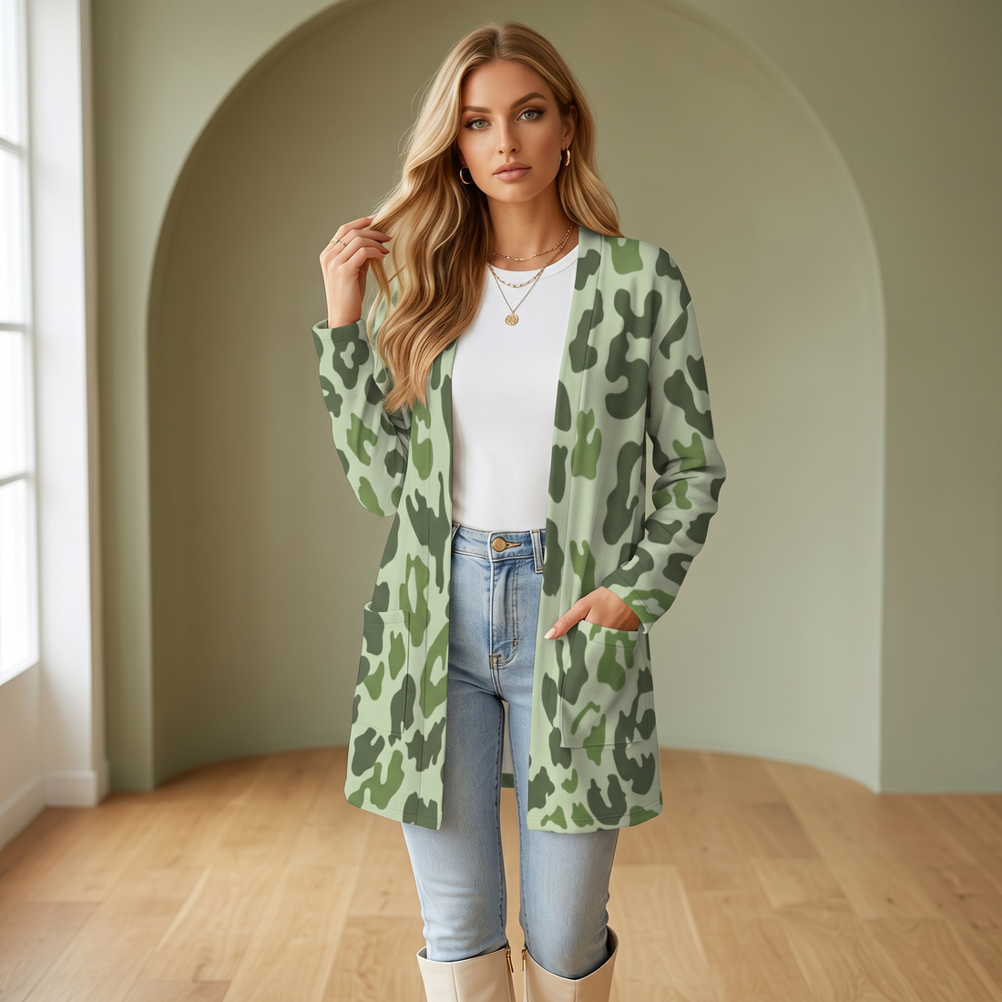 Green Leopard Print Open-Front Cardigan with Pockets
