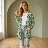Green Leopard Print Open-Front Cardigan with Pockets