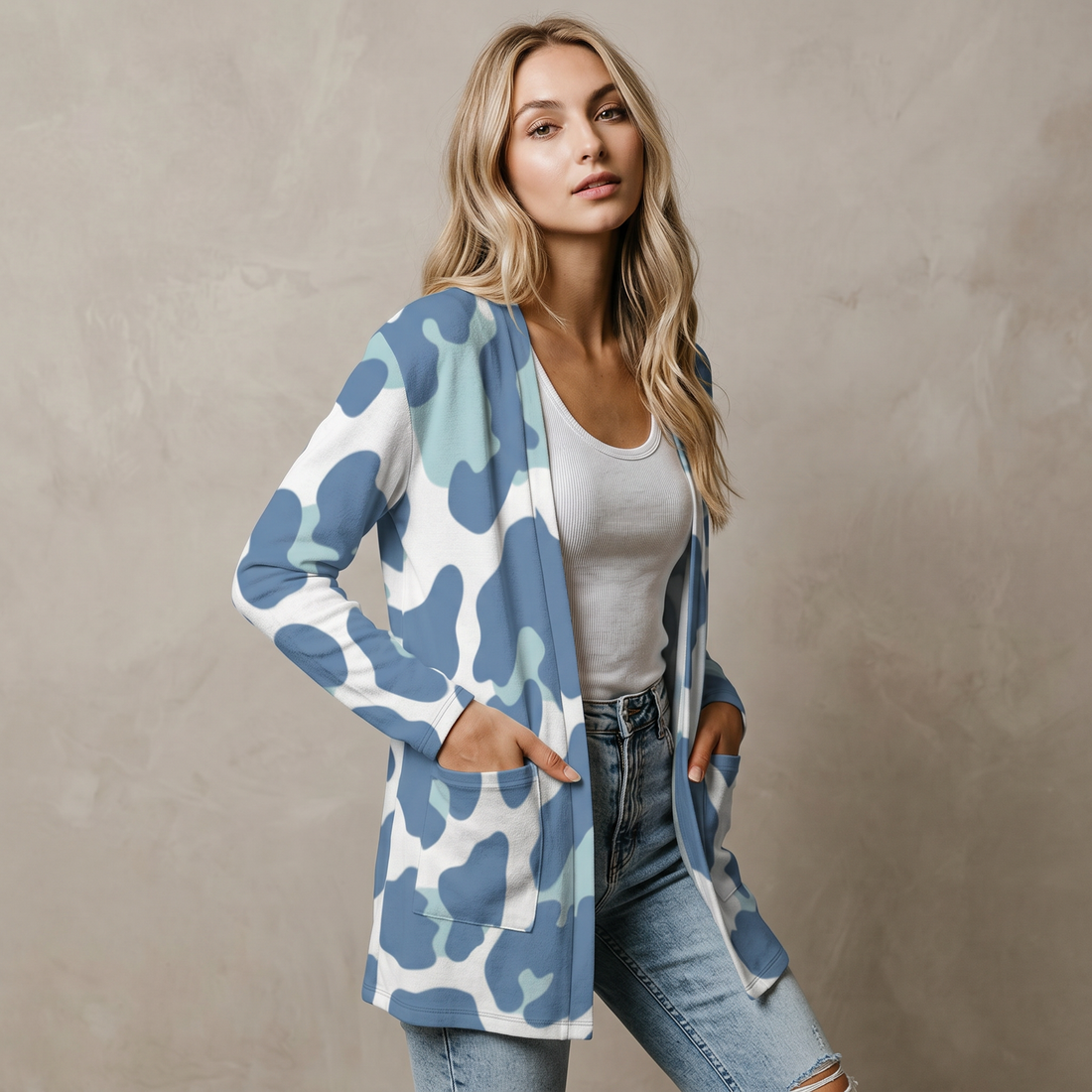 Pastel Leopard Print Open-Front Cardigan with Pockets