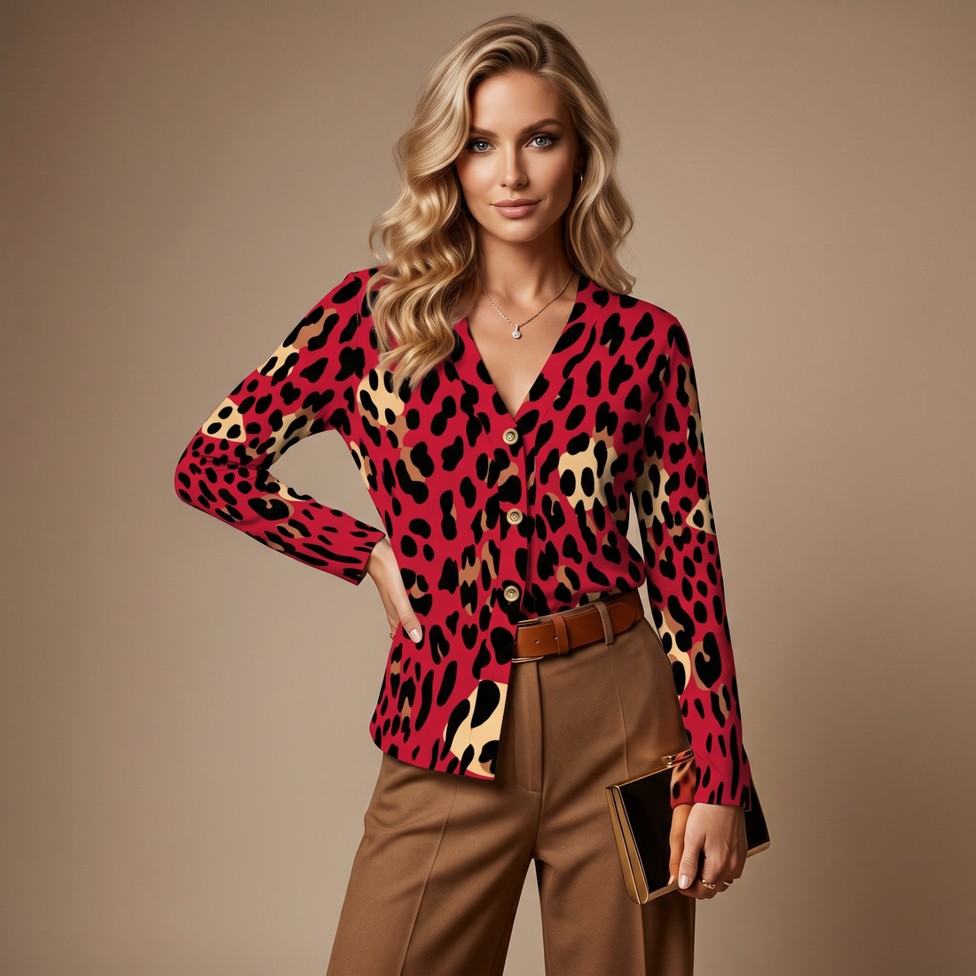 Red Leopard Print Buttoned Cardigan