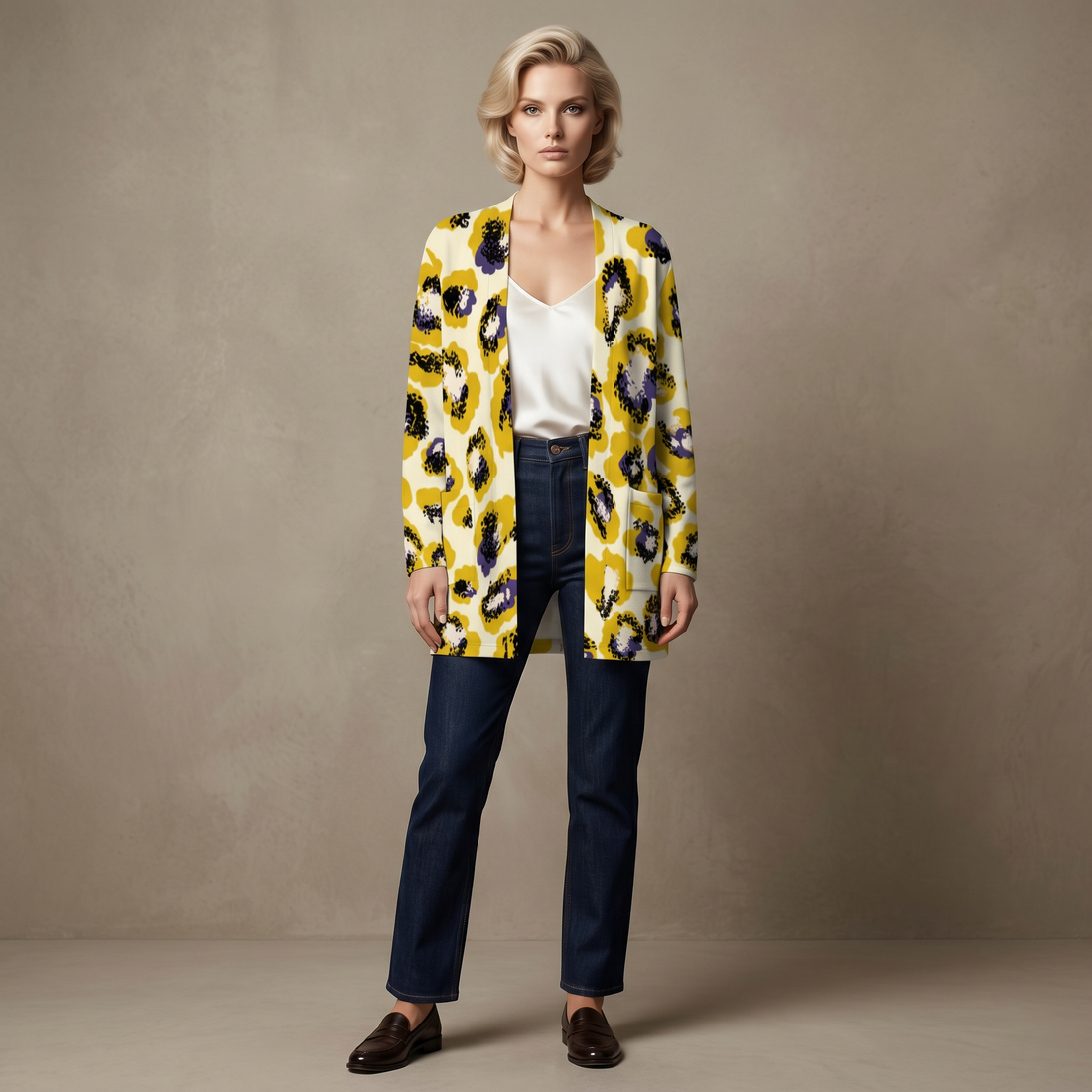 Yellow Leopard Print Open-Front Cardigan with Pockets