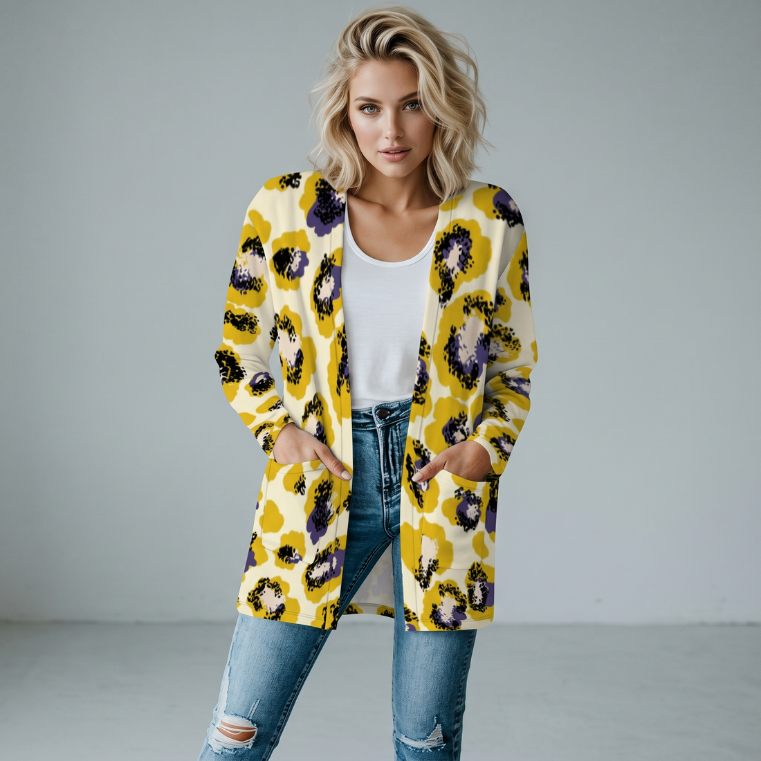 Yellow Leopard Print Open-Front Cardigan with Pockets