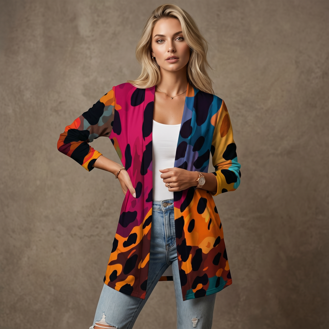 Multi Colour Leopard Print Open-Front Cardigan with Pockets