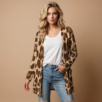 Brown Leopard Print Open-Front Cardigan with Pockets