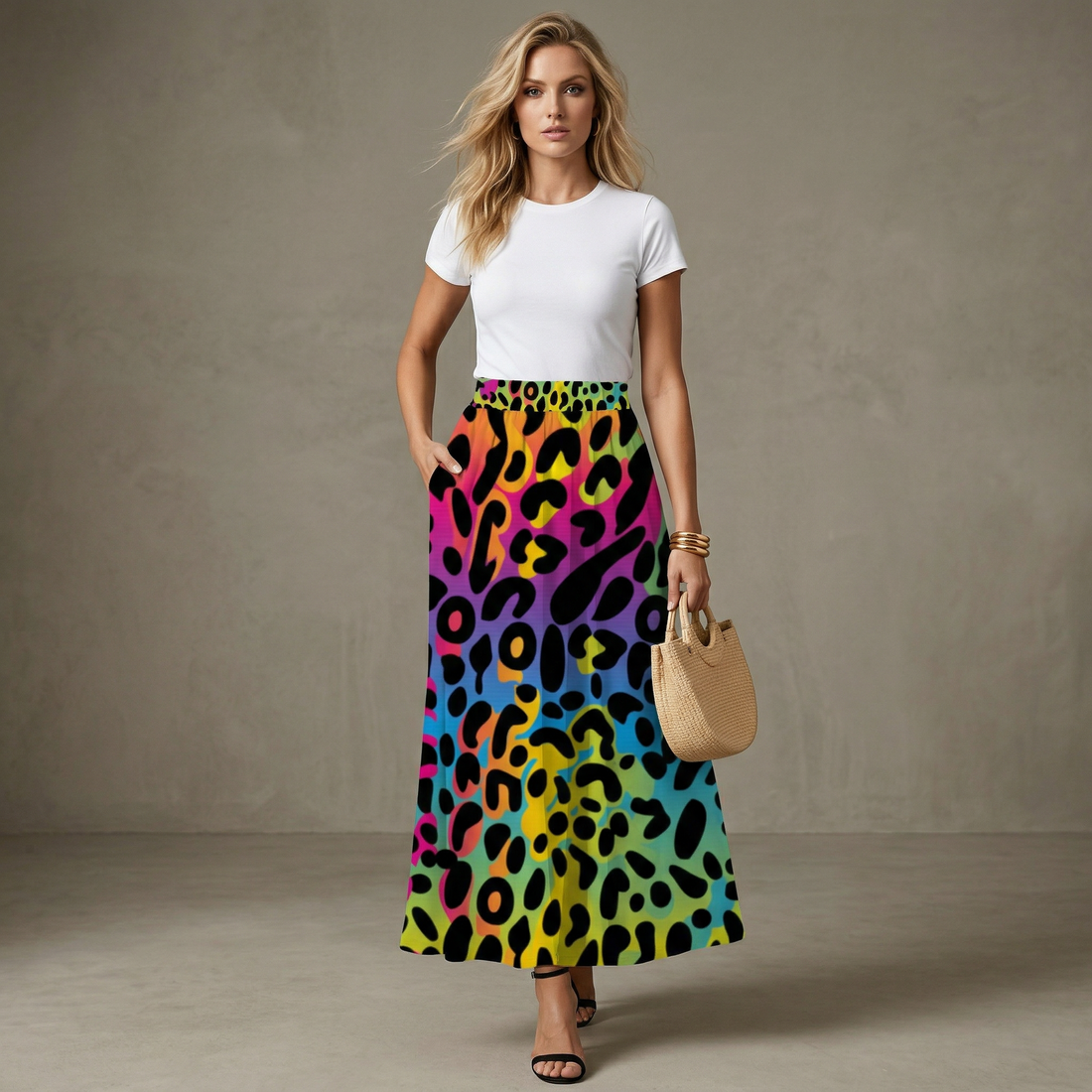Neon Leopard Print Skirt Midi High Waist with Pockets