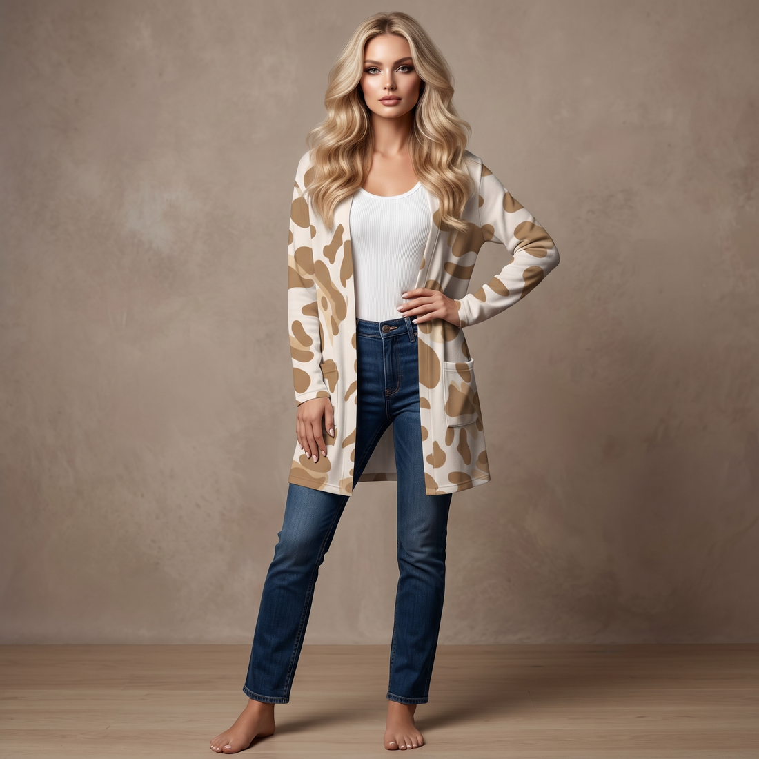 Cream Leopard Print Open-Front Cardigan with Pockets