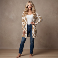 Cream Leopard Print Open-Front Cardigan with Pockets