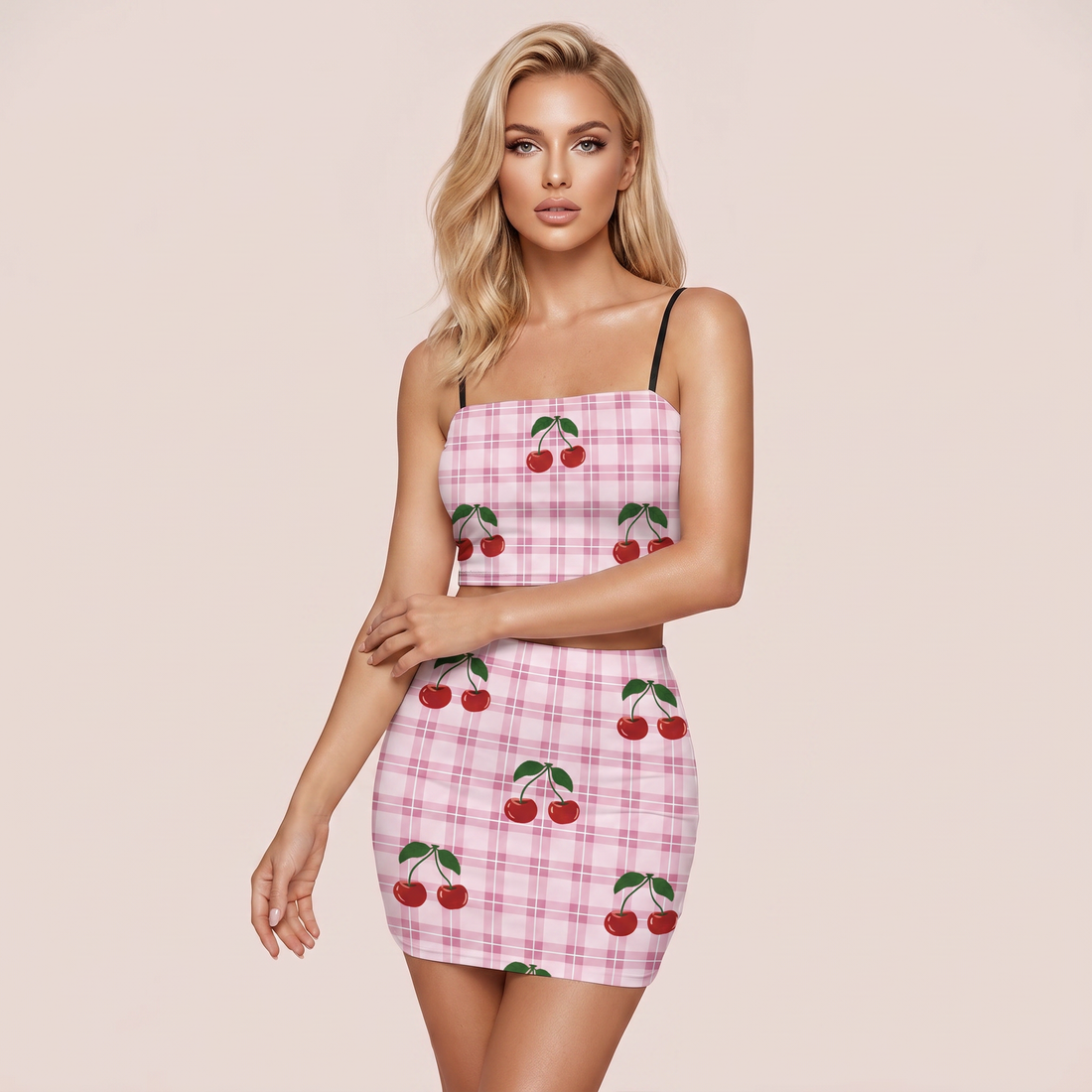Pink and White Gingham with Cherries Co Ord Set - Women&
