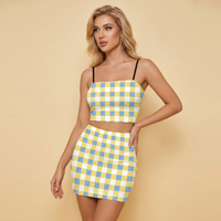 Yellow Blue and White Gingham Co Ord Set - Women's Crop Tank Top & Mini Skirt Co Ords