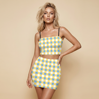 Yellow Blue and White Gingham Co Ord Set - Women's Crop Tank Top & Mini Skirt Co Ords