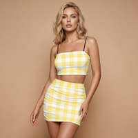 Lemon and White Gingham Co Ord Set - Women's Crop Tank Top & Mini Skirt Two-Piece Outfit