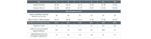 T-shirt size chart with garment measurements
