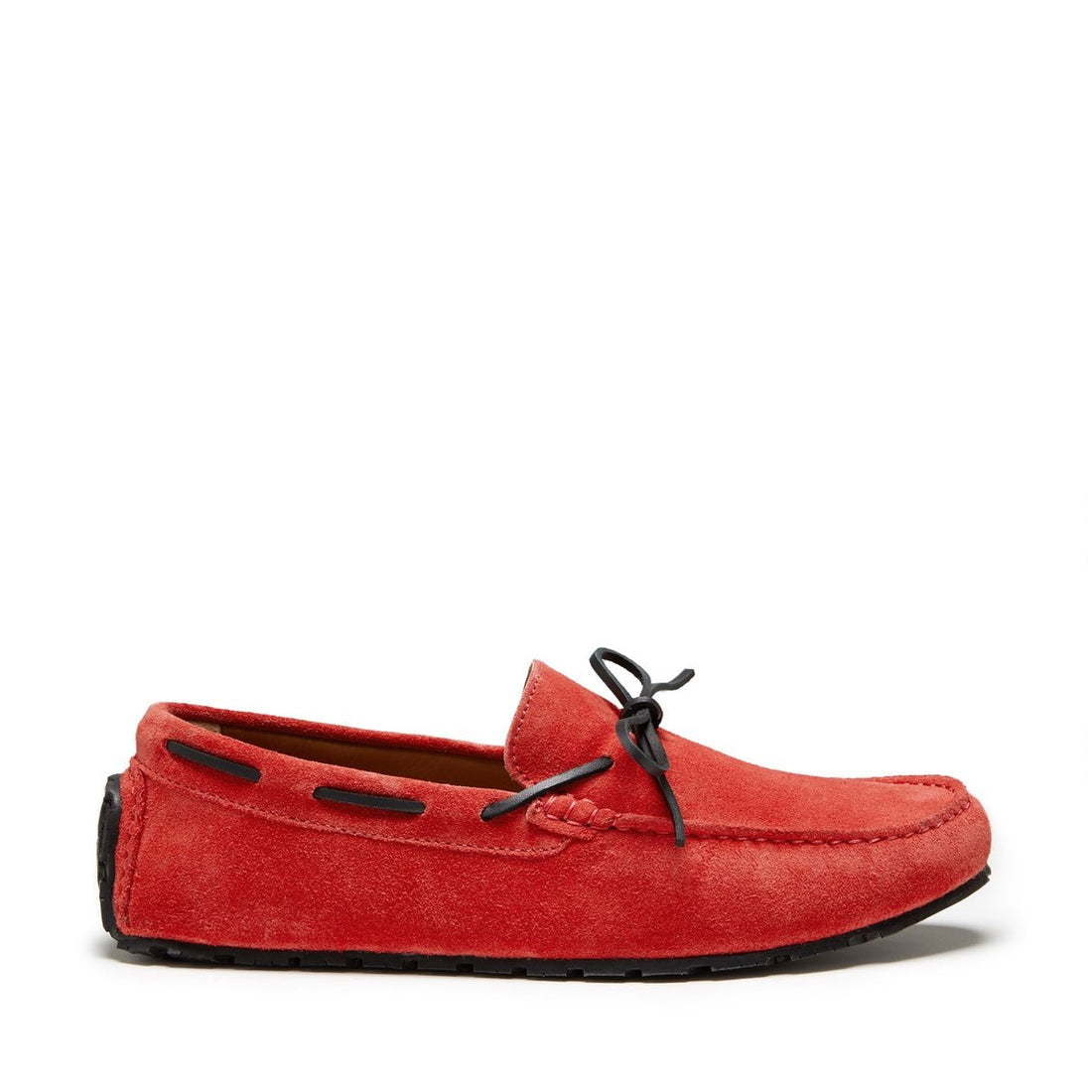 Red suede driving loafer with black laces and a low-profile rubber sole